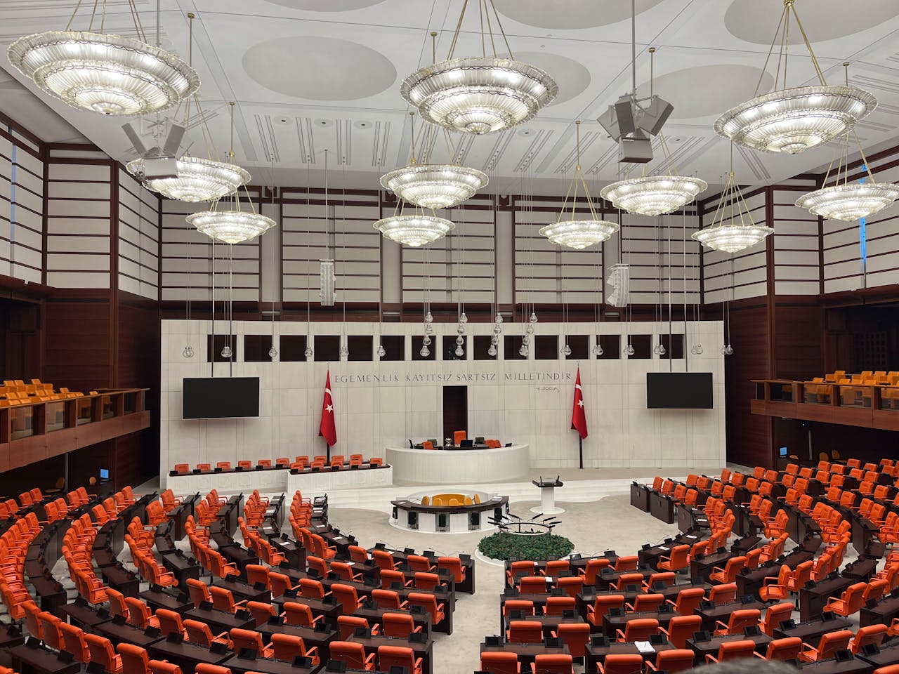 Wide view of the Turkish Parliament interior in Ankara showcasing its modern design and grand architecture.