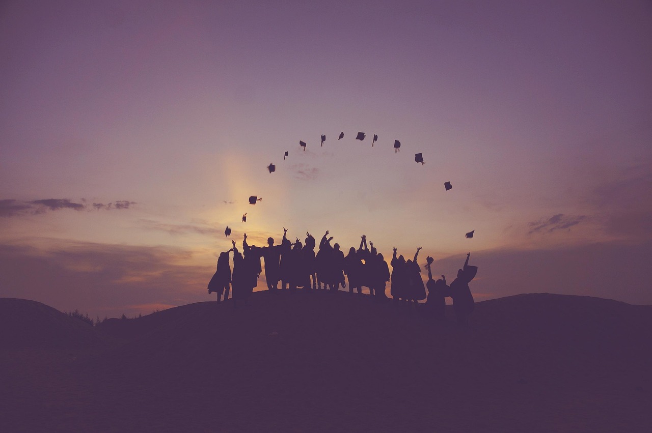 dawn, graduates, throwing hats, dusk, people, silhouette, students, success, nature, sunrise, sunset