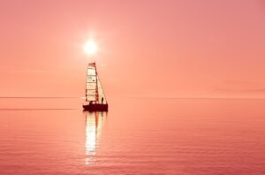 sailbot, boat, sailing, sunset, dusk, sunshine, summer, ocean, sea, lake, water, horizon, landscape, orange water, orange landscape, orange sunset, orange sea, orange summer, orange ocean, orange boat, nature, orange sunshine, orange lake
